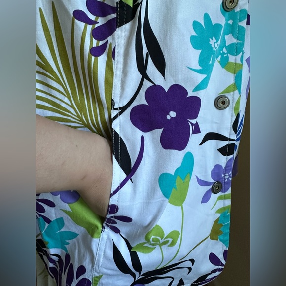 SUSAN GRAVER White W Purple Green Blues Floral Print Metal Buttons Jacket SZ 3X - Picture 5 of 13